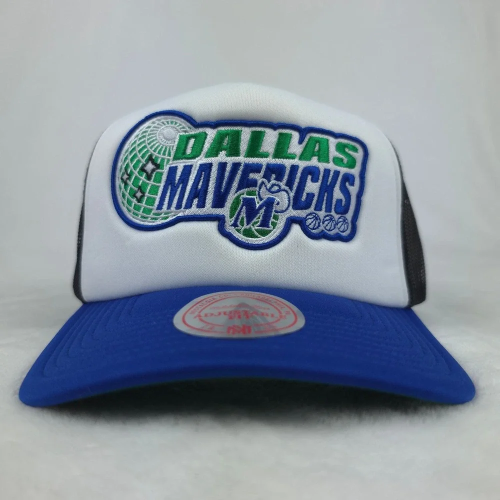 Dallas Mavs Mitchell & Ness NBA Foam Trucker Hat Cap Embroidery White Blue NWT